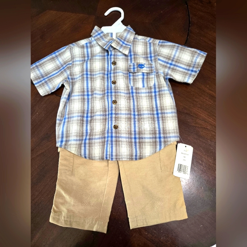 Plaid Short Sleeve Shirt and Tan Pants Set